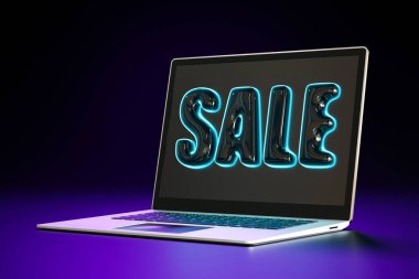 Modern dizüstü bilgisayar, koyu 3D harflerle yazılmış, mor ve siyah arkaplana karşı neon mavisi kenarlı. Çevrimiçi satışlar, e-ticaret, gösterişli dijital promosyonlar, fütüristik tasarım için mükemmel