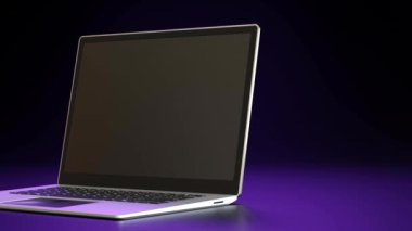 Modern dizüstü bilgisayar, koyu 3 boyutlu harflerle yazılıyor. Gradyan mor ve siyah arkaplana karşı neon kenarlı. Çevrimiçi satışlar, e-ticaret, gösterişli dijital promosyonlar, fütüristik tasarım için mükemmel