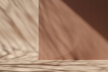Ürün yerleştirme için fotokopi alanı olan boş bir sahne. Premium malların altını çizmek için ideal. Sıcak, kahverengi renkler. Güzel ışık ve gölge etkisi. Ürün teşhir modeli. 3 Boyutlu Hazırlama