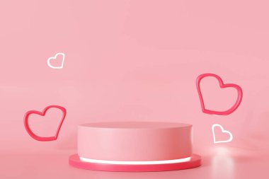 Pembe kürsüde yükselen kalpler. Sevgililer Günü, Anneler Günü, Düğün. Ürün podyumu, kozmetik sunumu. Model yap. Güzellik ürünleri için yayalar veya platformlar. Fotokopi alanı olan sahne. Üç Boyut