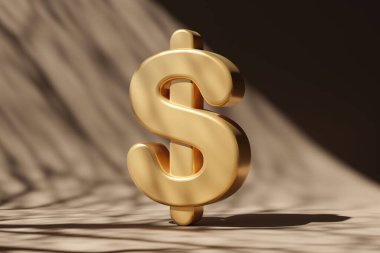 Yumuşak gölgeli desenli bej arka planda gösterişli üç boyutlu altın dolar sembolü. Pazarlama, reklamcılık veya sunumlardaki finans, yatırım veya işle ilgili konular için mükemmel