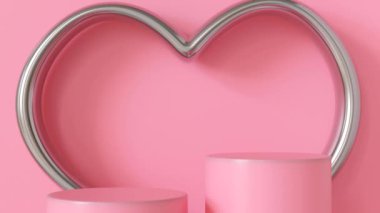 Minimalist Sevgililer Günü ürün sergisi yumuşak pembe arka plan, kalp şeklinde dekor, iki silindir podyum sergilenecek ürünler. Reklamlar, ürün promosyonları için ideal. 3 Boyutlu Canlandırma