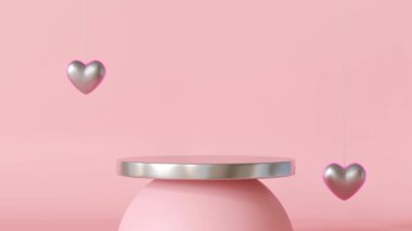 Sevgililer Günü ürünlerinin minimalist animasyonu metalik platformlu, yumuşak pembe arka planda asılı gümüş kalpler ve yıldızlarla çevrili. Romantik ürün ve reklam için ideal. Üç Boyut