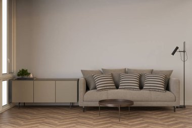 Boş bir duvara yaslanmış rahat bir kanepe ile şık bir iç mekan, resim gösterimi için geniş bir kopya alanı sağlıyor. Oda doğal ışıkla dolu, davetkar atmosferi arttırıyor. Üç Boyut