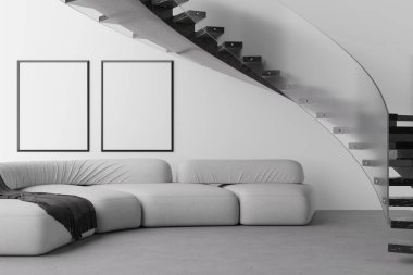 Modern yaşam alanında duvardaki boş çerçevelerle tamamlanmış gri renkli parlak bir kanepe bulunuyor. Bu açık alan, minimalist tasarımıyla kişiselleştirmeyi ve yaratıcılığı davet ediyor. 3 Boyutlu Hazırlama