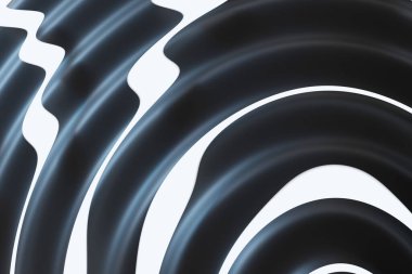 Pürüzsüz siyah beyaz kıvrımlı çizgileri olan fütüristik soyut üç boyutlu arka plan cesur, dalgalı bir desen oluşturuyor. Modern tasarım, teknik markalaşma ve dijital yaratıcı projeler için mükemmel.