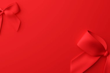 Bu canlı kırmızı soyut arka plan düz dokular ve dekoratif yaylar içerir, promosyon mesajları veya yaratıcı tasarımlar için geniş kopya alanı sağlar. Pazarlama için ideal.
