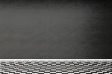 Geniş bir odada, müstakbel tasarım elemanları ve mobilya düzenlemeleri için kişisel bir alan oluşturmak için boş bir tuval sağlayan bir dama tahtası zemin ve koyu gri bir duvar bulunur..
