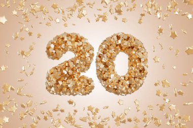 Şık bir doğum günü kartında, yıldız şeklinde dekorasyonlarla çevrili pırıl pırıl altın konfetilerden yapılmış yirmi numara yer alıyor. Özel bir dönüm noktasını kutlamak için mükemmel..