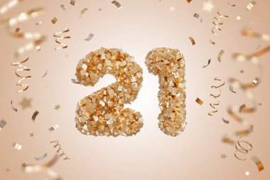 21. yaş gününü kutlayan güzel bir bej doğum günü kartı. 21 numara, ışıl ışıl altın konfetisinden yapılmış. Parlak flamalar ve yıldızlar şenlik havasını arttırır..