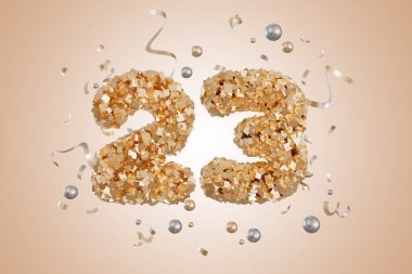 Bir dekoratif doğum günü kartında 23 numara bej konfeti ve parlak balonlarla çevrilidir. Sıcak melodiler kutlamalar için mükemmel neşeli bir atmosfer yaratır..