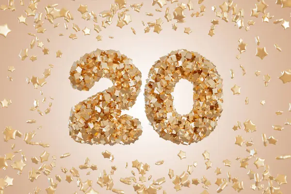 Şık bir doğum günü kartında, yıldız şeklinde dekorasyonlarla çevrili pırıl pırıl altın konfetilerden yapılmış yirmi numara yer alıyor. Özel bir dönüm noktasını kutlamak için mükemmel..