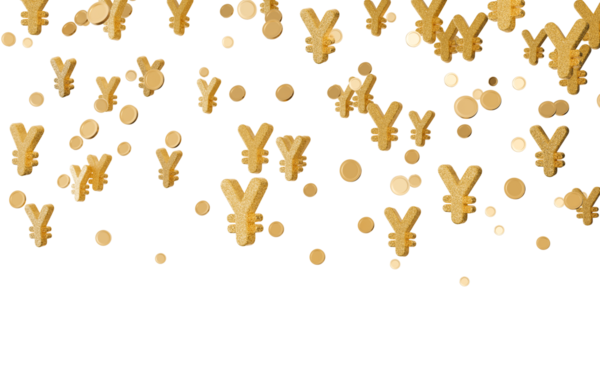 Yen işaretleri ve parıldayan altın sikkeler yukarıdan zarifçe düşer, şeffaf arka plana karşı canlı ve dinamik bir görsel etki yaratır, finansal temalar için mükemmeldir. Başlık, üst sınır.