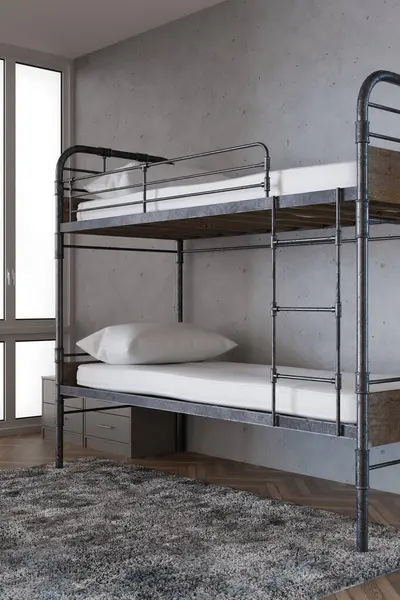 Çağdaş bir pansiyonun içinde gerçekçi bir 3 boyutlu, metal ranzalı geniş odalar ve temiz ve minimal tasarım sergileniyor. Büyük pencereler doğal ışıklandırmayı güçlendirir.