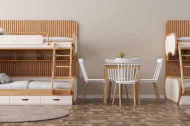 Detaylı bir 3D sunucu sergileniyor. İçinde hafif ahşaptan yapılmış ve gezginler için dostane bir ortam yaratan küçük bir yemek masası ve sandalyeler bulunan modern bir pansiyon..