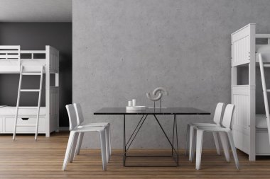 Çağdaş bir pansiyonda ahşap döşemeler, beyaz ranzalar ve sandalyelerle çevrili parlak siyah bir yemek masası yer alıyor. Uzay gezginler için rahatlık ve pratik ile harmanlanır..