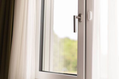 Parlak güneş ışığı şık bir pencereden içeri akar, parlak bir sapla, iç mekanı aydınlatır ve modern yaşamla doğayı harmanlar. Çevredeki yeşillik uzaya tazelik katıyor.