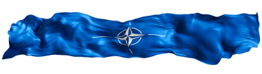NATO bayrağının rüzgarda dalgalanması, şeffaf arka planda izole edilmiş. Dipnot, başlık veya bölme. Geniş, panoramik elementi kes. Kuzey Atlantik Antlaşma Örgütü. Üç Boyut.