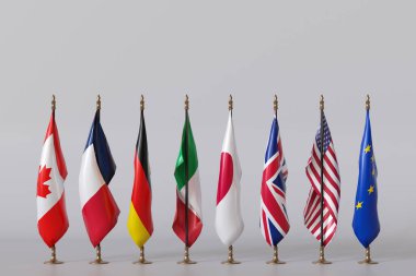 Aralarında Kanada, Almanya, Japonya, İngiltere, ABD ve AB 'nin de yer aldığı G7 ülkelerinin bayrakları, ekonomik ve siyasi konularda küresel işbirliği ve liderliği sembolize ederek birlikte sergileniyor. Uzayı metin için kopyala. Üç Boyut