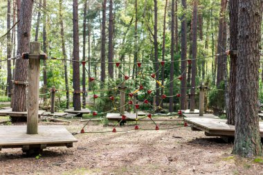 Yüksek ağaçların arasına yerleşmiş canlı renklere sahip bir halat tırmanma yapısı, ahşap platformlar arasında açık bir yol sunuyor. Doğal ortam bu parkın maceralı atmosferini arttırıyor..