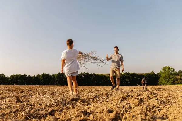 Güneşli bir günde bir adam ve oğlu açık arazide yürürler. Oğul, köpek yakınlarda koşarken ince dallar taşır ve doğada neşeli bir aile oluşturur..