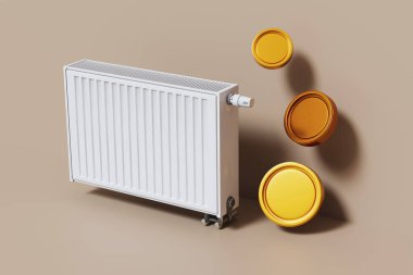 A white radiator stands against a plain background, with shiny gold coins floating near it. This picture highlights home heating and symbolizes warmth and heating costs