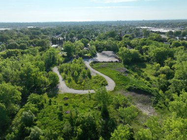 Uçsuz bucaksız manzarası ufka uzanan yeşil bitki ve ağaçlarla dolu verimli bir ormanın nefes kesici, yüksek açılı görüntüsü. Mükemmel bir huzur anı, doğadaki güzellik..