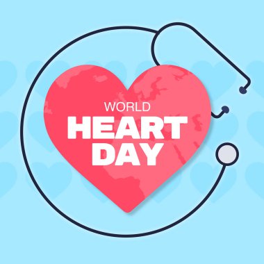 Dünya Kalp Günü. Mavi arkaplanda düz biçimdeki vektör illüstrasyonu.