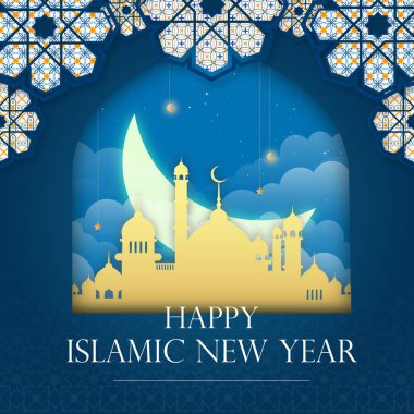 Camii, hilal ayı ve mavi arkaplanı olan mutlu İslami Yeni Yıl Postası
