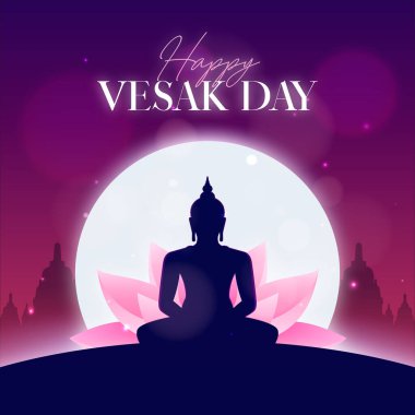 Buda heykeli, dolunay ve mor arkaplanlı Mutlu Vesak Günü Postası