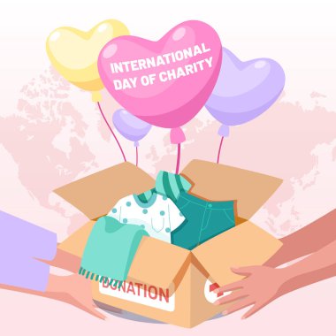 Bağış kutusu ve kalp şeklinde balonlarla Uluslararası Yardım Günü konsepti.