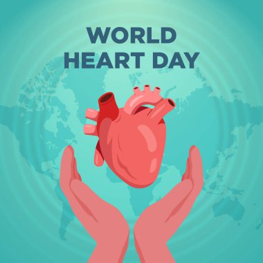 İnsan kalbi ve elleri ile Dünya Kalp Günü konsepti. Vektör illüstrasyonu.