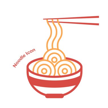 Yemek, kırmızı ve sarı renkli yemek çubuğu ikonlu bir kase şehriye. Düz Vektör Simgesi.