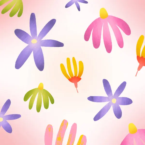 flower pattern illustration with purple, pink, yellow, and green flowers on a pink background