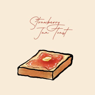 Çilek reçelli tost. Vektör çizimi. El çizimi çizim.