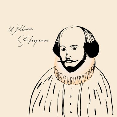 William Shakespeare 'in el çizimi. Sakallı ve bıyıklı ünlü bir adam..