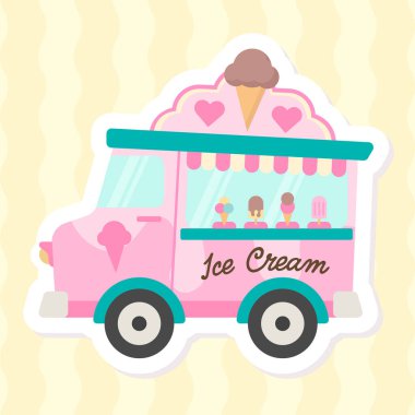 Şirin pembe dondurma kamyonu. Dondurma arabası çizimi. Dondurmacı çocukların çizimi. Düz biçimli vektör illüstrasyonu.