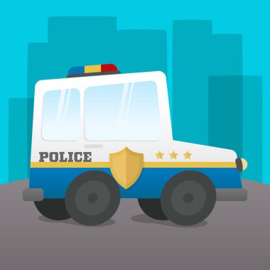 Polis arabası çocuk resimleri. Güzel polis arabası çizimi. Polis arabası çizimi düz stil. Şehrin arka planında devriye arabası var..