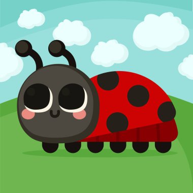 Sahadaki sevimli uğur böceği. Uğurböceği çocuk çizimi. Uğur böceği vektör illüstrasyonuName.