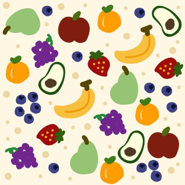 Meyvesiz, dikişsiz desen. Farklı meyve ve meyvelerle vektör arkaplan.