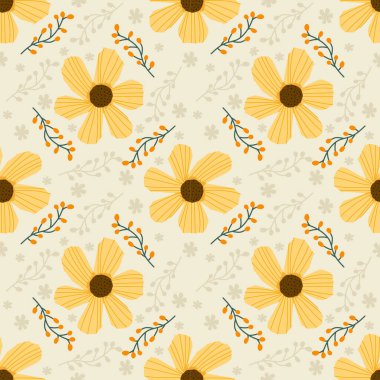 Sarı çiçekler bej bir arka planda pürüzsüz desen. Ayçiçeği vektörü İllüstrasyonu.