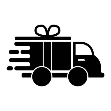 Hediye kutusu ikonuyla teslimat kamyonu. Teslimat kutusu vektör illüstrasyon siluet biçimi basit resim.