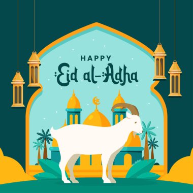 Keçi ile Kurban Bayramı Tasarım Vektörü İllüstrasyonu. Müslüman Cemaati Festivali için İslami ve Arapça arka plan. Müslüman Tatili.