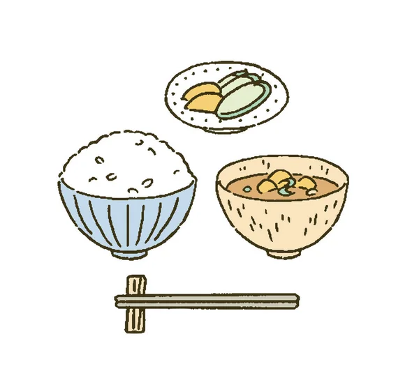 Ryż Zupa Miso Ogórki Ilustracja Japońskiej Żywności — Wektor stockowy