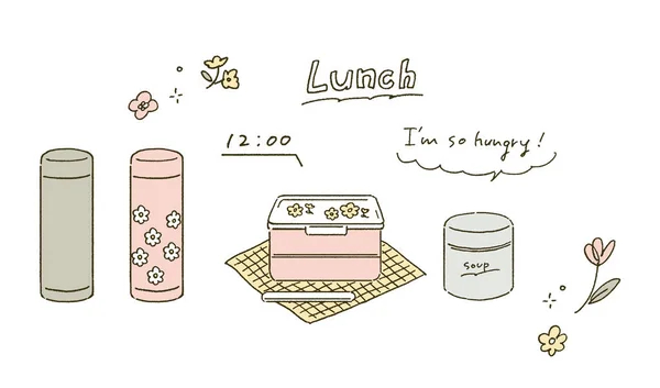 Illustration Boîte Lunch Tactile Dessinée Main Bouteille Eau — Image vectorielle