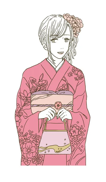 Bellezza Illustrazione Una Donna Bellissimo Kimono Furisode — Vettoriale Stock