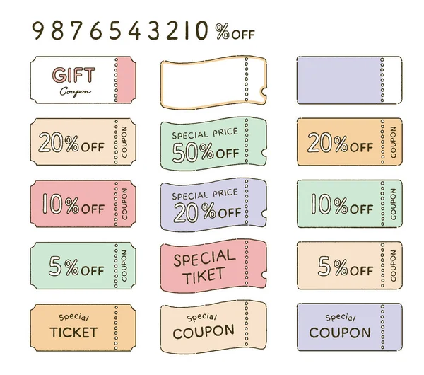 Illustratieset Van Tickets Coupons Met Handgetekende Touch — Stockvector