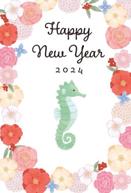 Ejder Yılı 2024 - Basit ve sevimli Japon çiçeği deseni ve deniz atı Yeni Yıl Kartı çizimi
