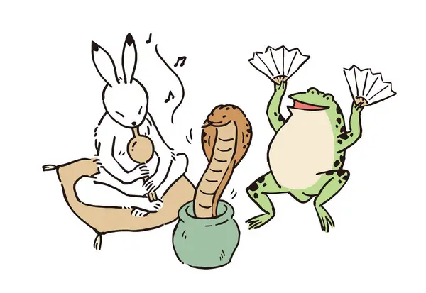 野兽和漫画描述兔子以青蛙作为蛇符玩耍的形象 — 图库矢量图片#