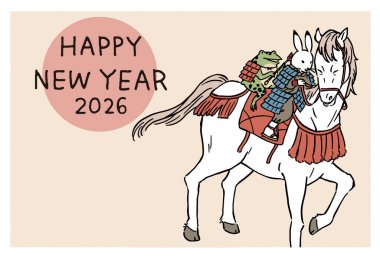 2026 yılbaşı kartı, kuşlar, canavarlar ve karikatürler, zırh giyen bir tavşan ve kurbağanın resmedilmesi ve at üstünde oynaması.